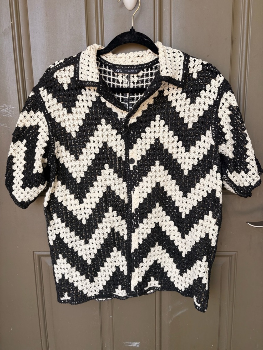 Zara Black and Cream Crochet Chevron Button-Up
